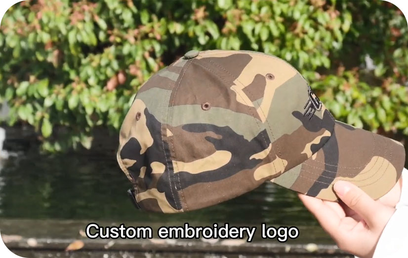 Video de pantalla de gorras de béisbol de camuflaje personalizado